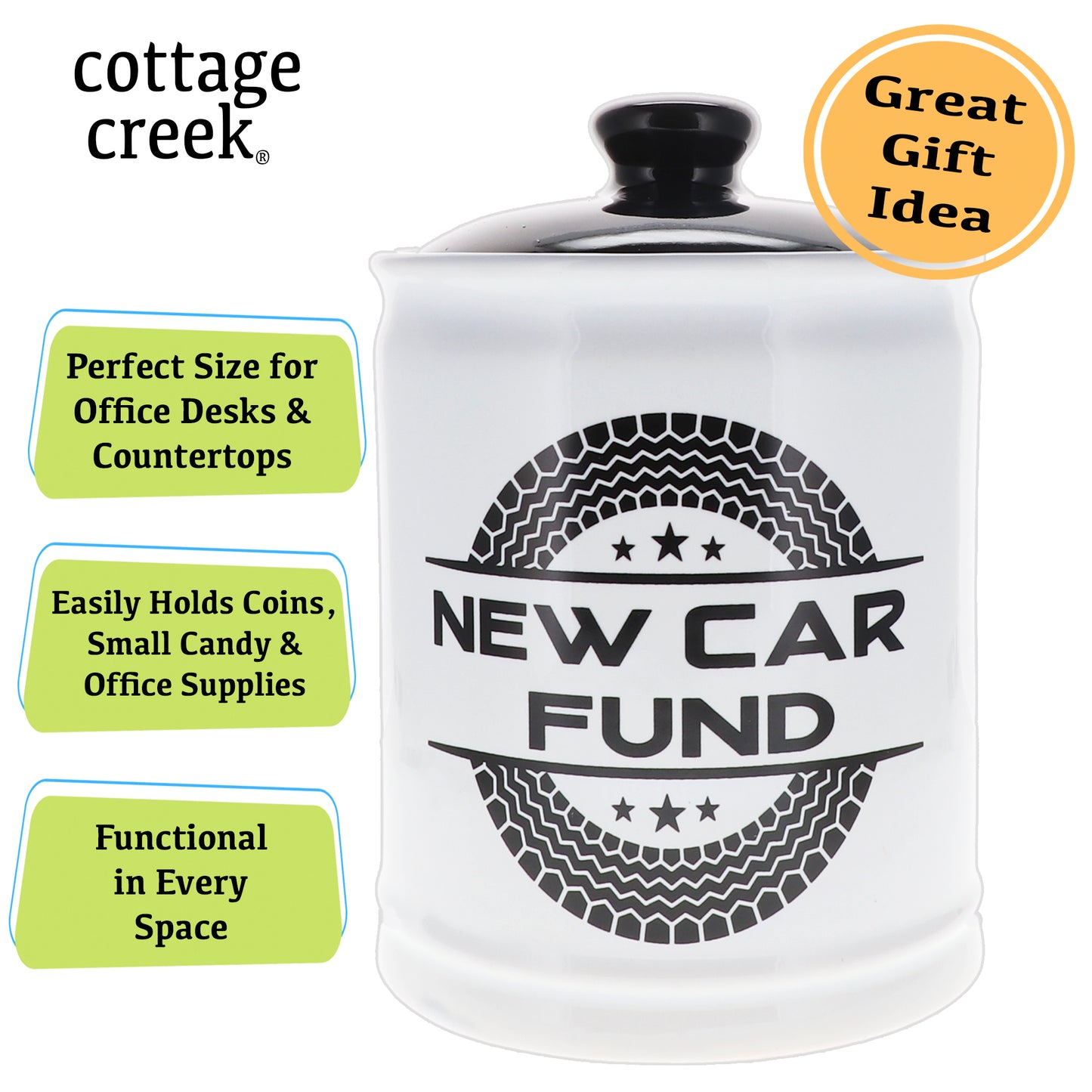 Cottage Creek New Car Fund Piggy Bank, Ceramic, Multicolored, 6" Car Money Jar