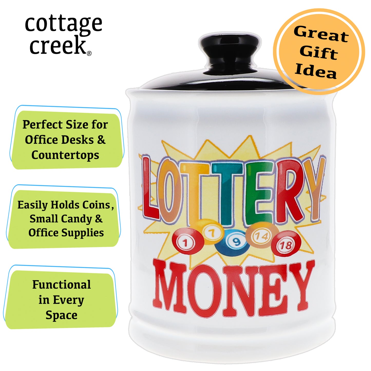Cottage Creek Lottery Money Piggy Bank, Ceramic, 6", Multicolored Lottery Gift