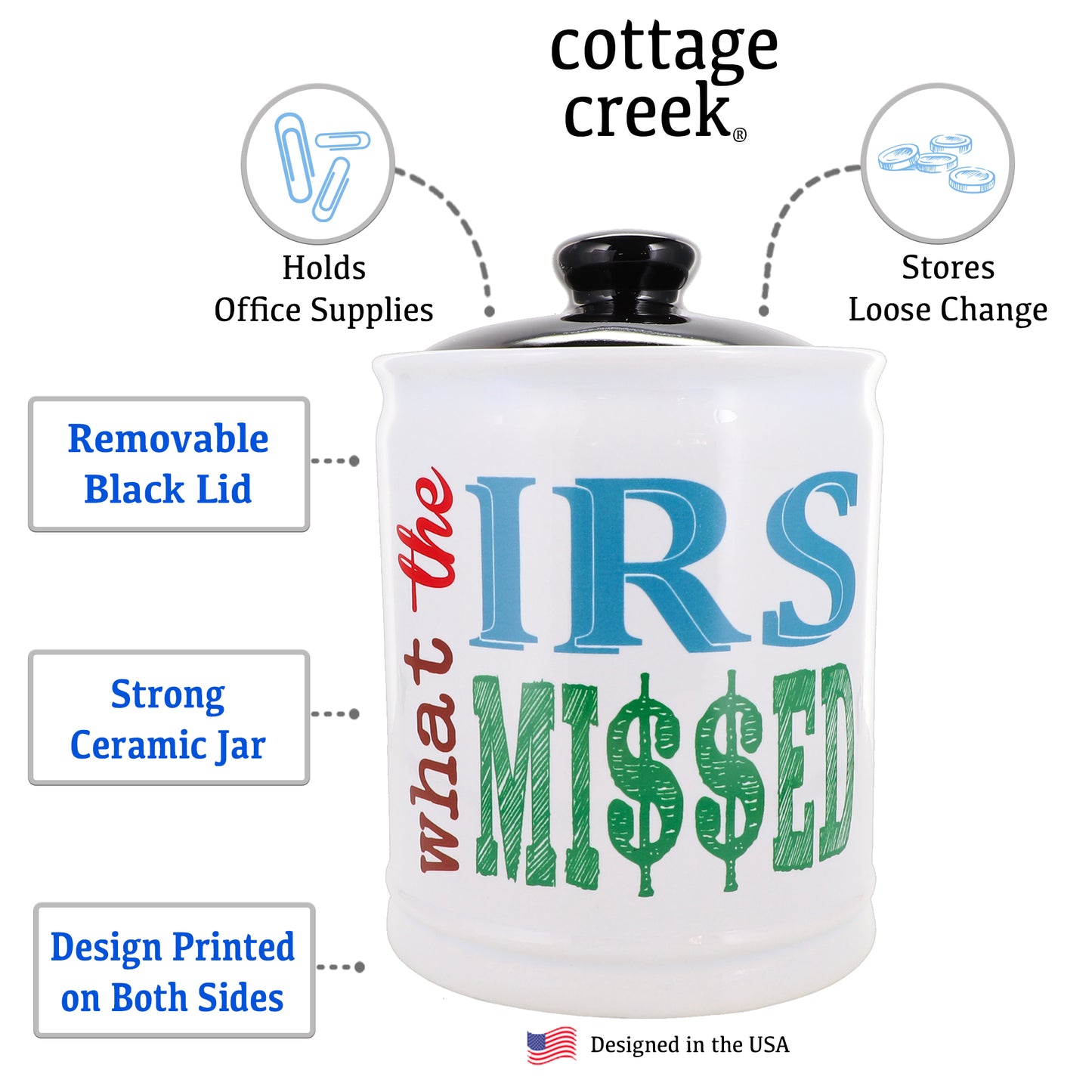 Cottage Creek What The IRS Missed Jar Piggy Bank, Ceramic, 6", Multicolored Tax Candy Jar