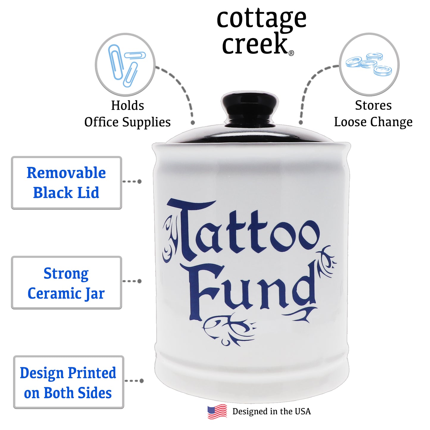 Cottage Creek Tattoo Fund Piggy Bank, Multicolored, Ceramic 6" Tattoo Jar