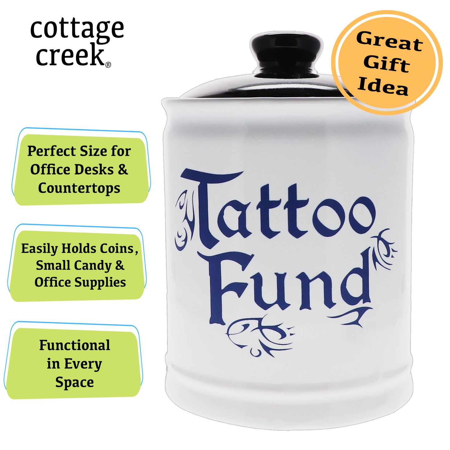 Cottage Creek Tattoo Fund Piggy Bank, Multicolored, Ceramic 6" Tattoo Jar