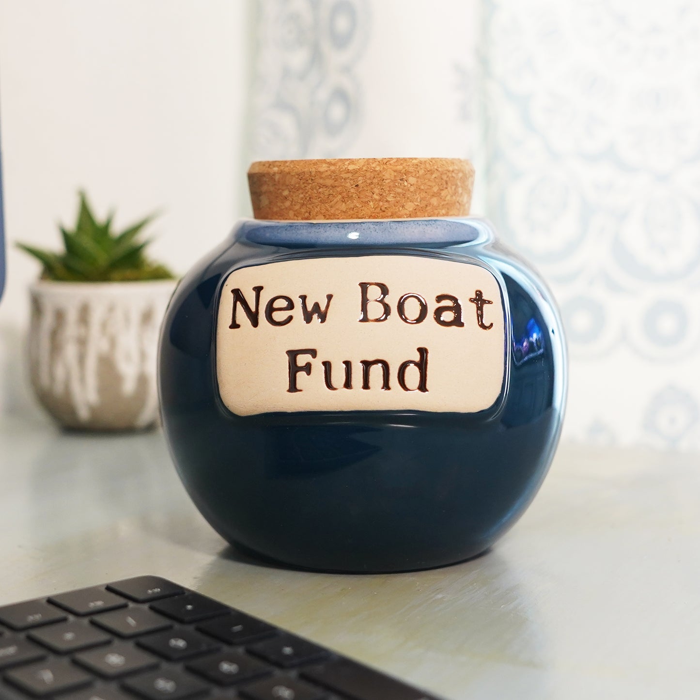 Cottage Creek New Boat Fund Piggy Bank, Dark Blue, Ceramic, 6" Boat Money Jar