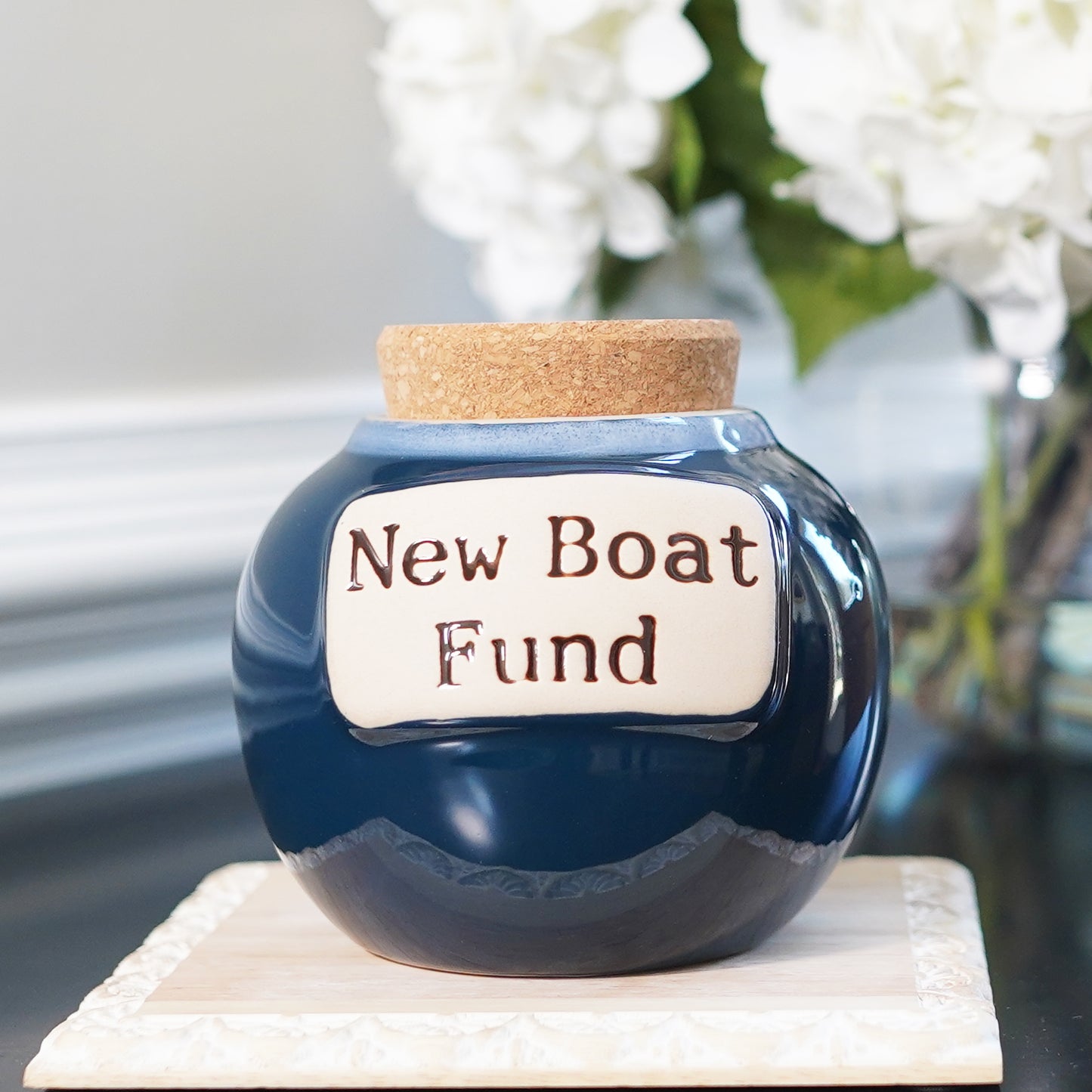 Cottage Creek New Boat Fund Piggy Bank, Dark Blue, Ceramic, 6" Boat Money Jar