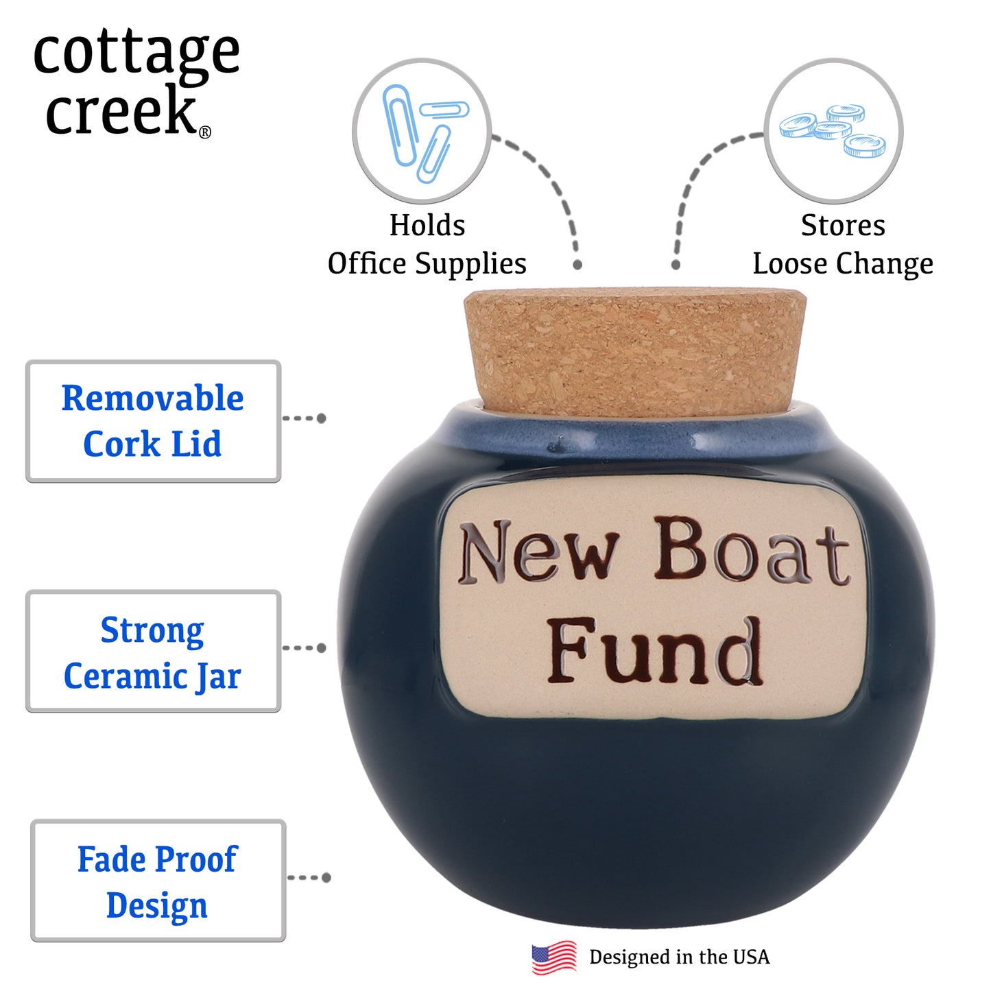 Cottage Creek New Boat Fund Piggy Bank, Dark Blue, Ceramic, 6" Boat Money Jar