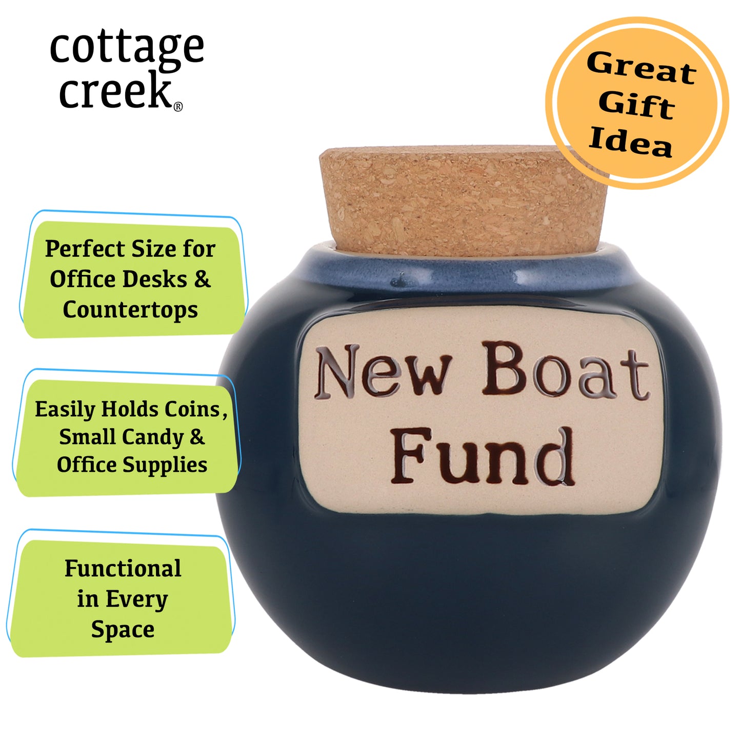 Cottage Creek New Boat Fund Piggy Bank, Dark Blue, Ceramic, 6" Boat Money Jar