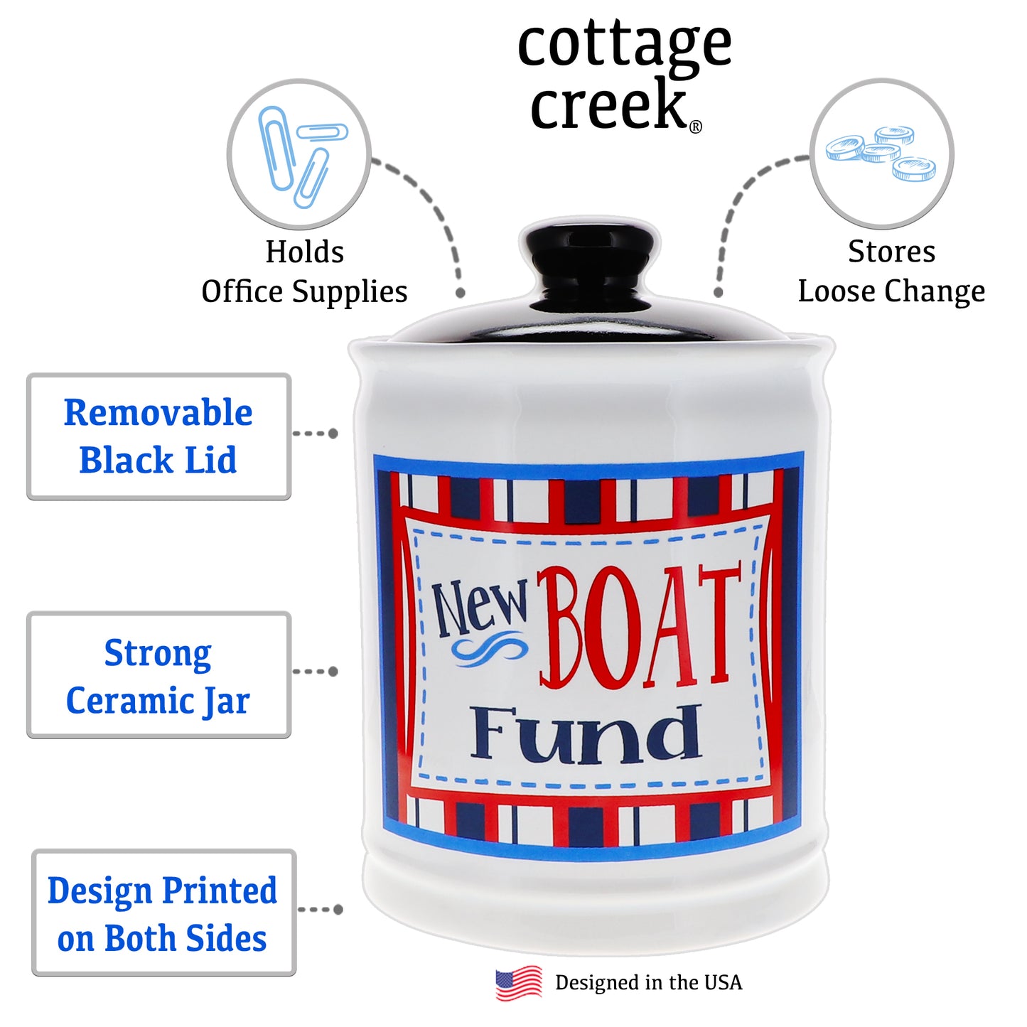 Cottage Creek New Boat Fund Piggy Bank, Ceramic, Multicolored, 6" Boating Fund Jar