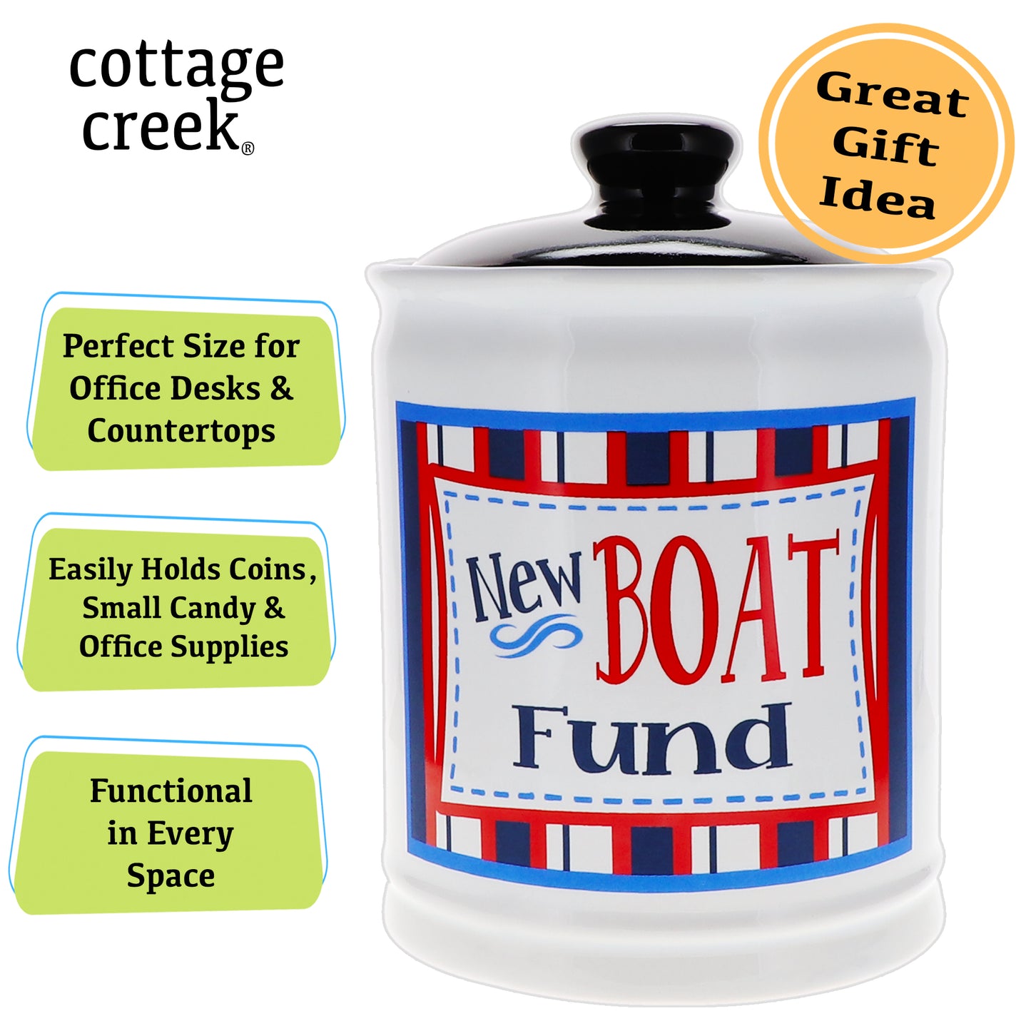 Cottage Creek New Boat Fund Piggy Bank, Ceramic, Multicolored, 6" Boating Fund Jar