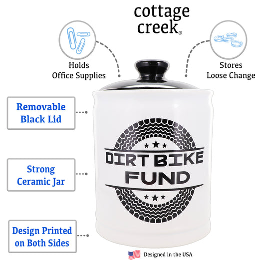 Cottage Creek Dirt Bike Fund Ceramic Jar with Lid - Fun Piggy Bank & Candy Jar, Perfect Gifts for Men, Dad, & Boyfriend - Cool Desk Decor & Man Cave Accessories for Motorcycle, Motocross, & ATV Riders