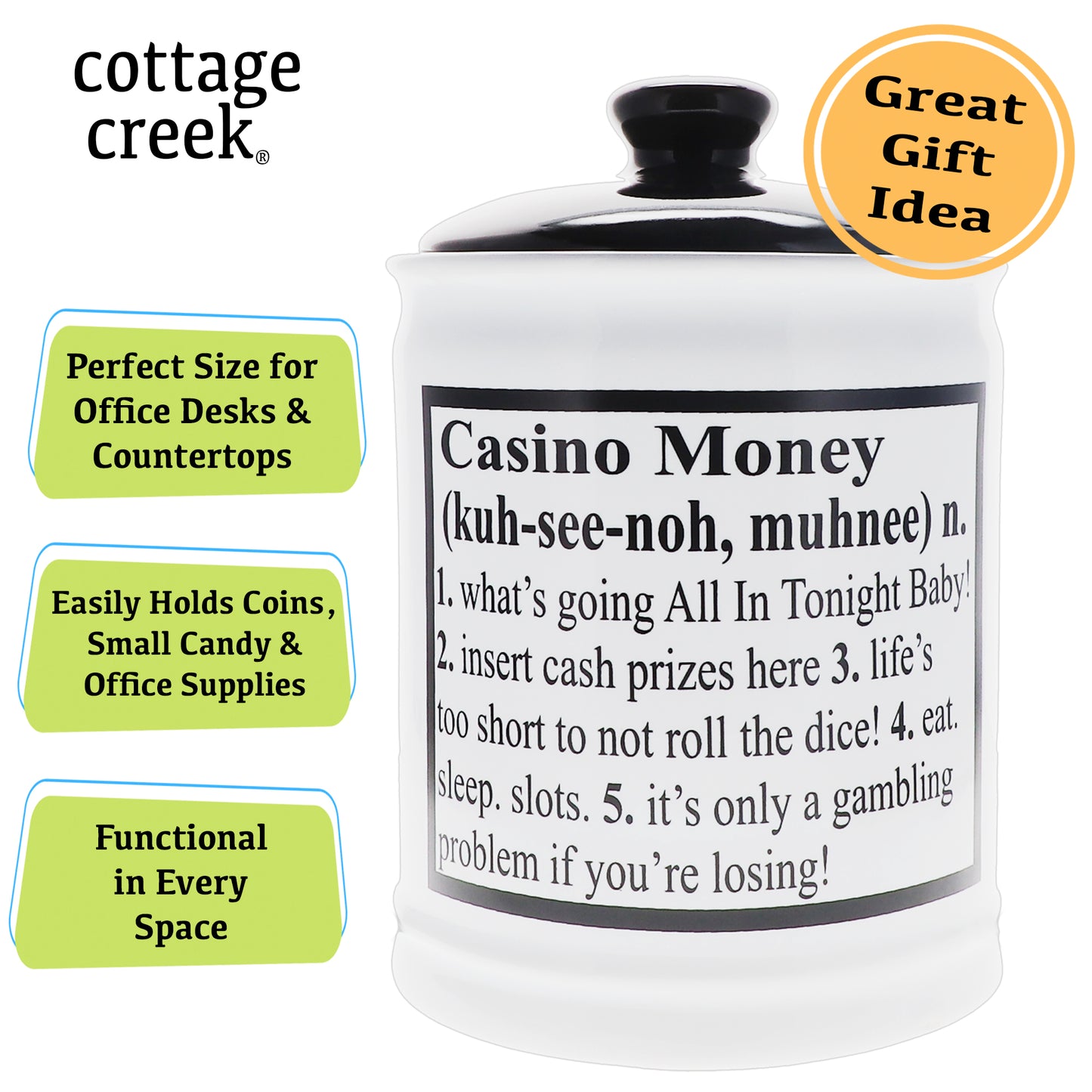 Cottage Creek Casino Money Jar, Multicolored, 6", Ceramic Candy Jar, Casino Party Decorations