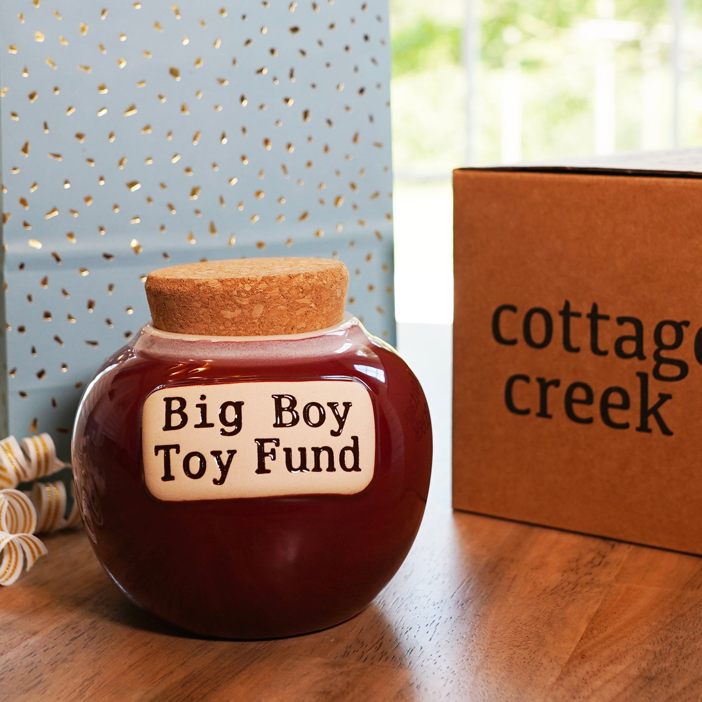 Cottage Creek Big Boy Toy Fund Piggy Bank, Red, Ceramic, 6" Candy Jar, Gifts for Men