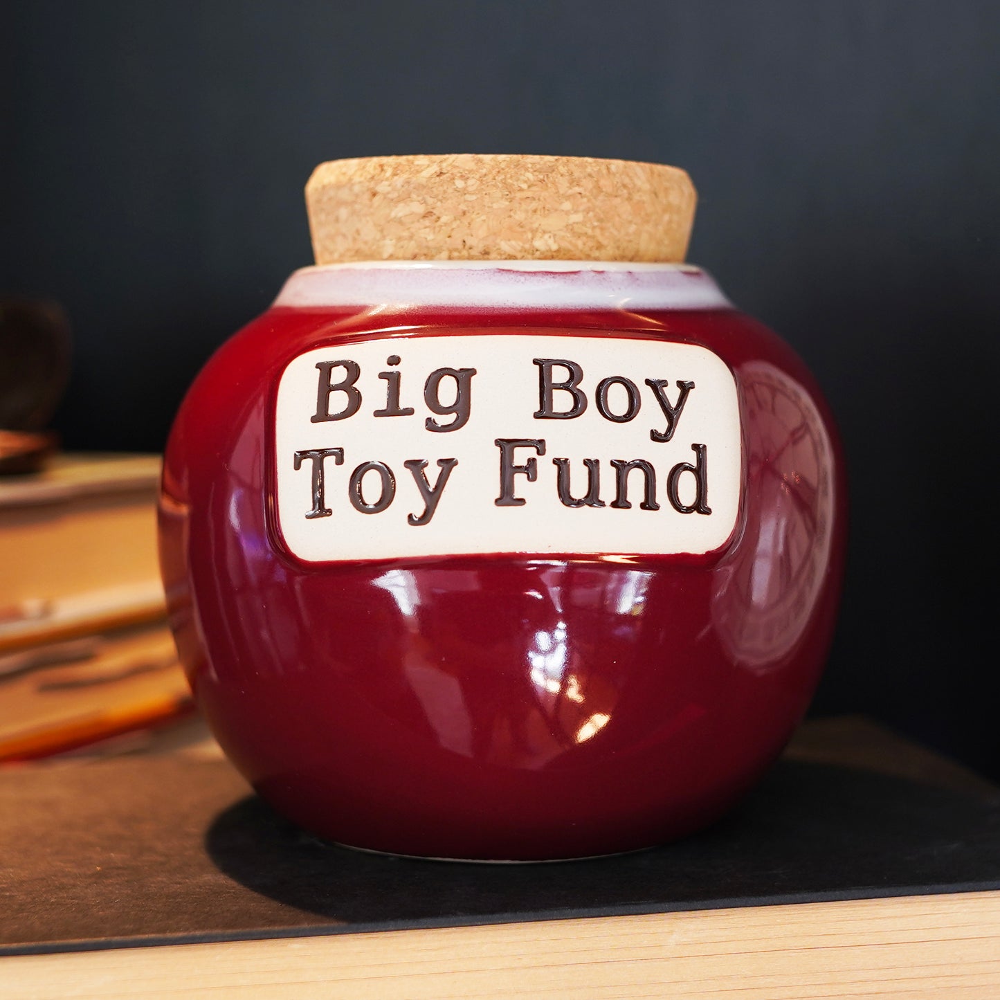 Cottage Creek Big Boy Toy Fund Piggy Bank, Red, Ceramic, 6" Candy Jar, Gifts for Men