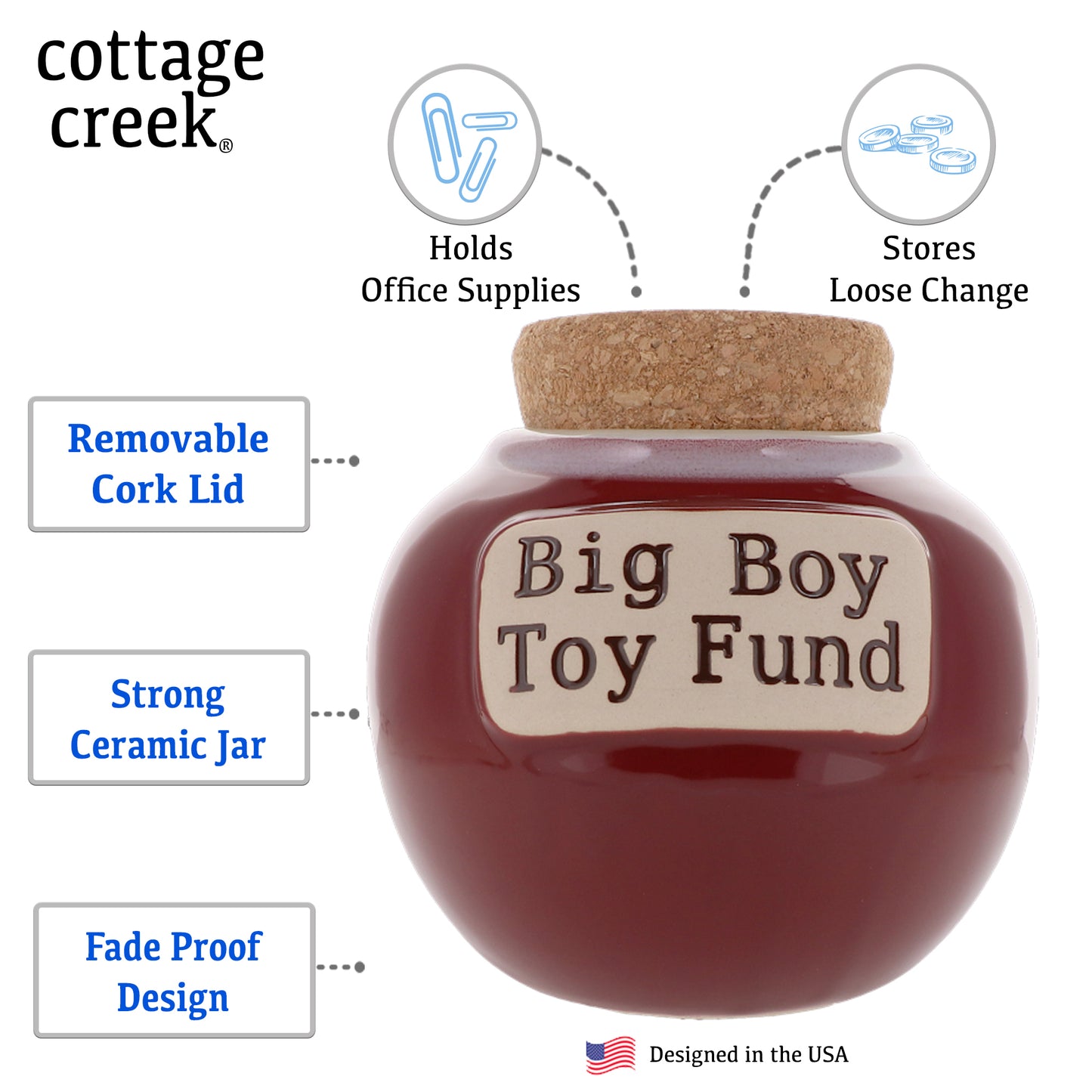Cottage Creek Big Boy Toy Fund Piggy Bank, Red, Ceramic, 6" Candy Jar, Gifts for Men