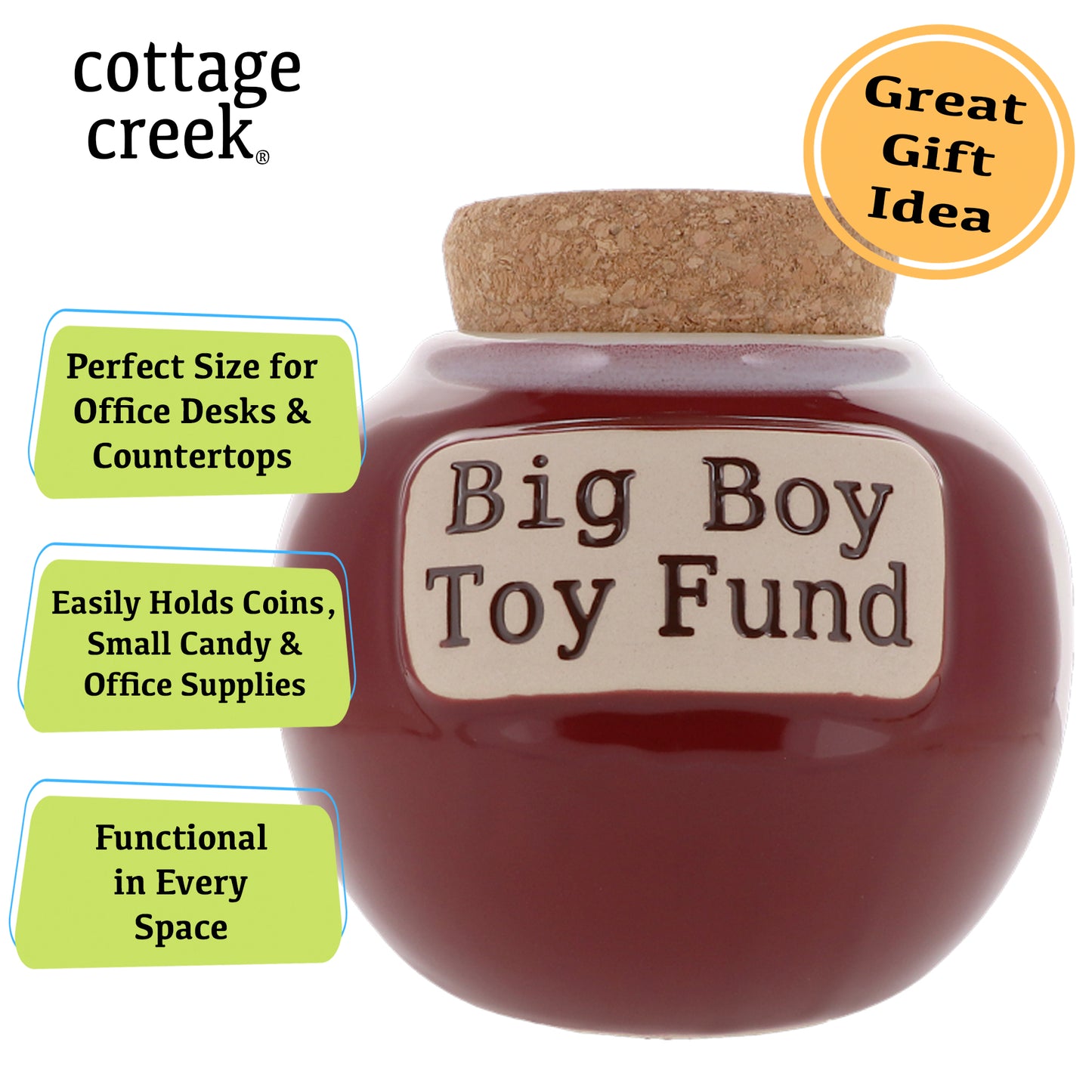Cottage Creek Big Boy Toy Fund Piggy Bank, Red, Ceramic, 6" Candy Jar, Gifts for Men