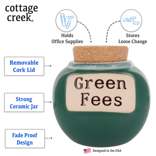 Cottage Creek Greens Fees Ceramic Piggy Bank for Adults - Green Kiln-Fired Money Bank with Cork Lid - 6" Tall Savings Jar for Golfers - Funny Golf Themed Gifts for Men & Women, Dad, & Golf Lovers