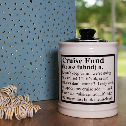 Cottage Creek Jars | Cruise Fund Piggy Bank, Travel Essentials Vacation Money Jar | Fun Birthday Gifts for Women, Men, Couples | Ceramic Travel Fund Bank, 6-Inch White Cruise Essentials Jar