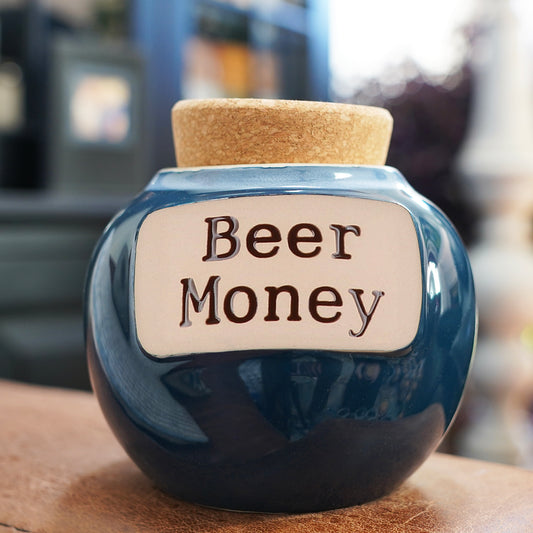 Cottage Creek 6" Dark Blue Ceramic Beer Money Piggy Bank for Adults | Decorative Savings Jar, Coin Bank & Funny Gifts for Men, Dad, Boyfriend & Birthday Gifts for Women