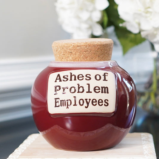 Cottage Creek Ashes of Problem Employees Funny Red Ceramic Jar with Cork Lid - Versatile Piggy Bank, Candy Dish & Home Decor - Hilarious Gifts for Coworkers, Bosses, and White Elephant Parties