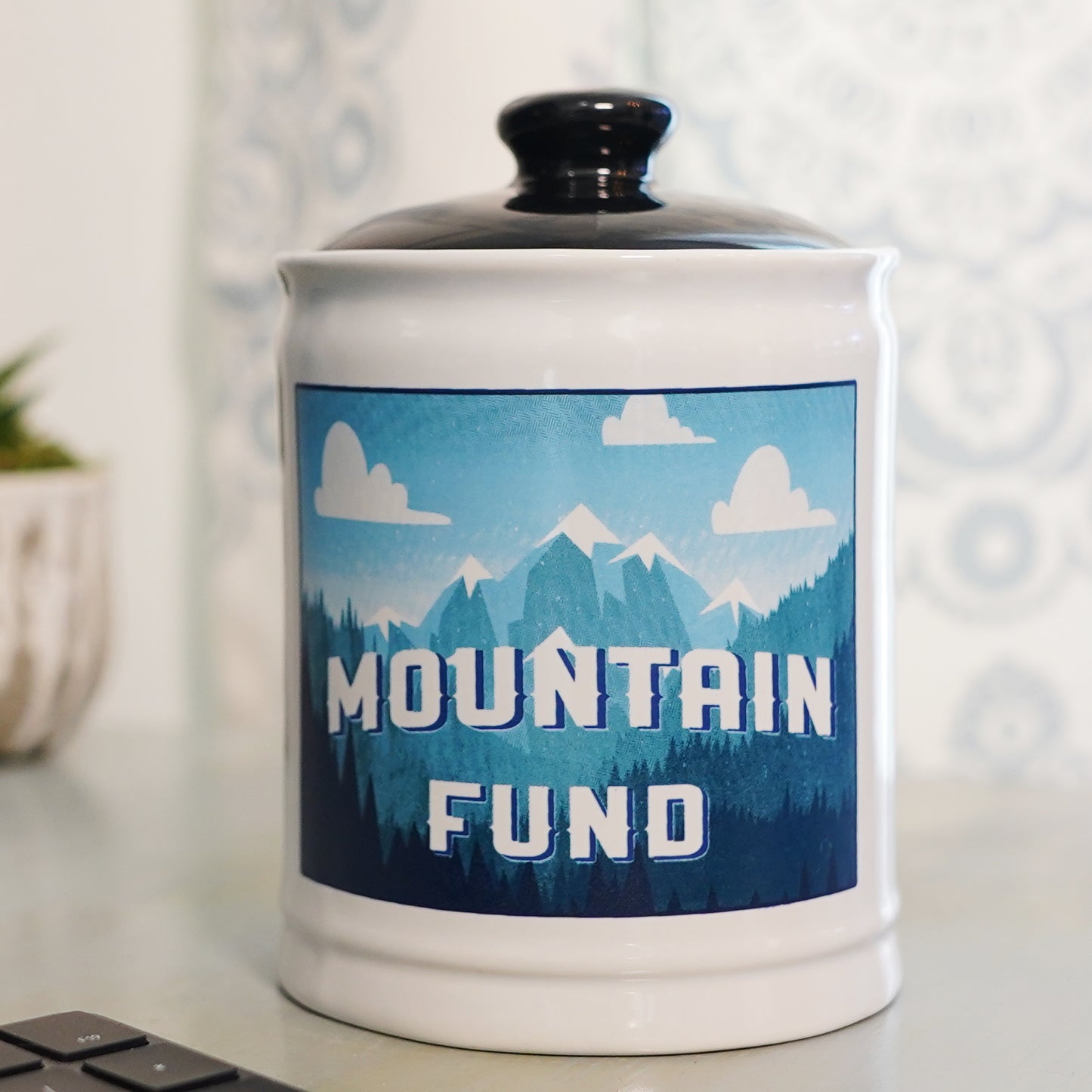 Cottage Creek Mountain Fund Piggy Bank, Ceramic, 6", Multicolored Mountain Adventure Money Jar