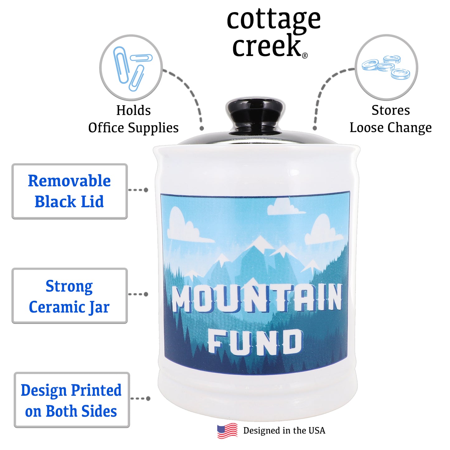 Cottage Creek Mountain Fund Piggy Bank, Ceramic, 6", Multicolored Mountain Adventure Money Jar
