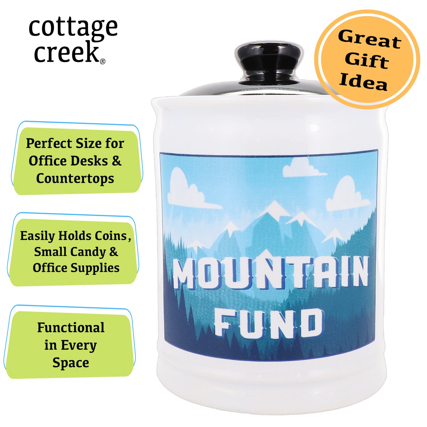 Cottage Creek Mountain Fund Piggy Bank, Ceramic, 6", Multicolored Mountain Adventure Money Jar
