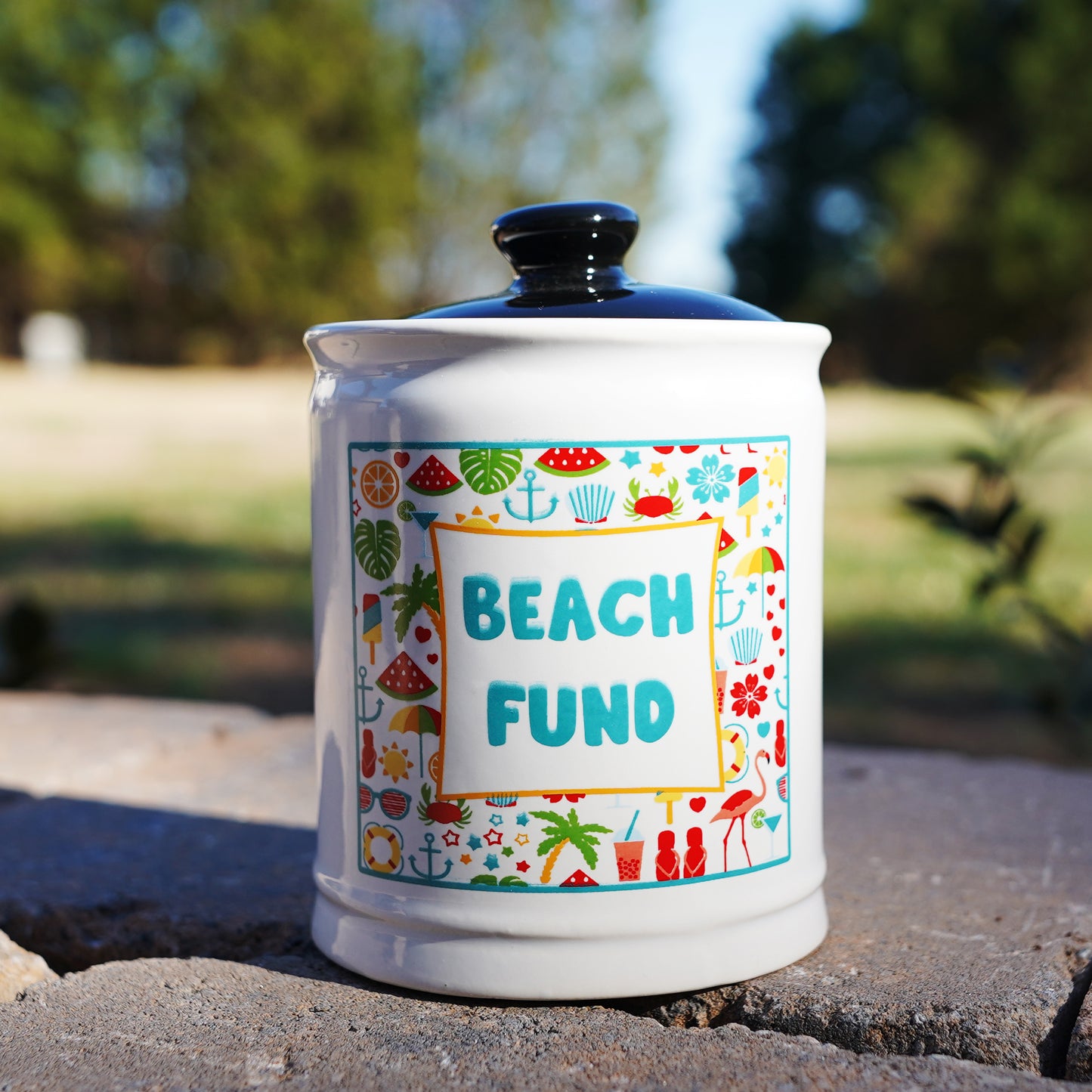 Cottage Creek Beach Fund Piggy Bank, Ceramic, 6", Multicolored Beach Vacation Bank