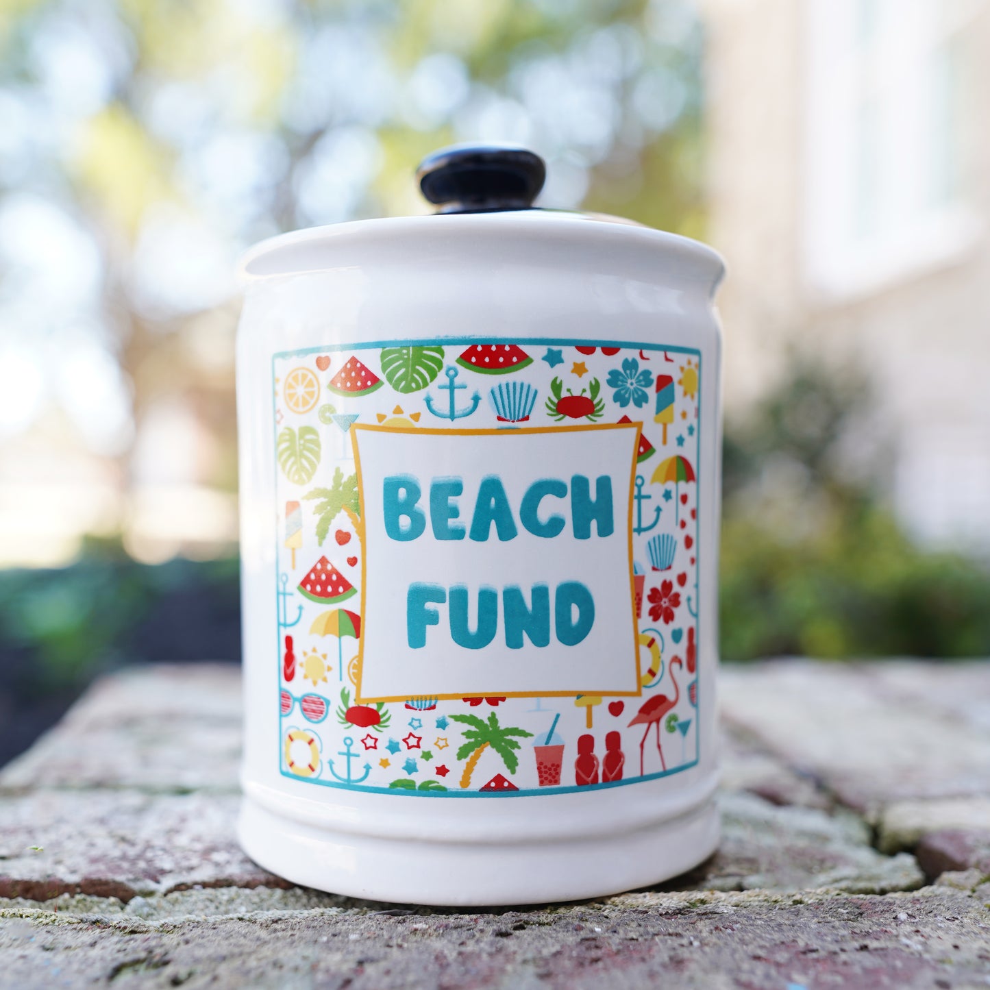 Cottage Creek Beach Fund Piggy Bank, Ceramic, 6", Multicolored Beach Vacation Bank