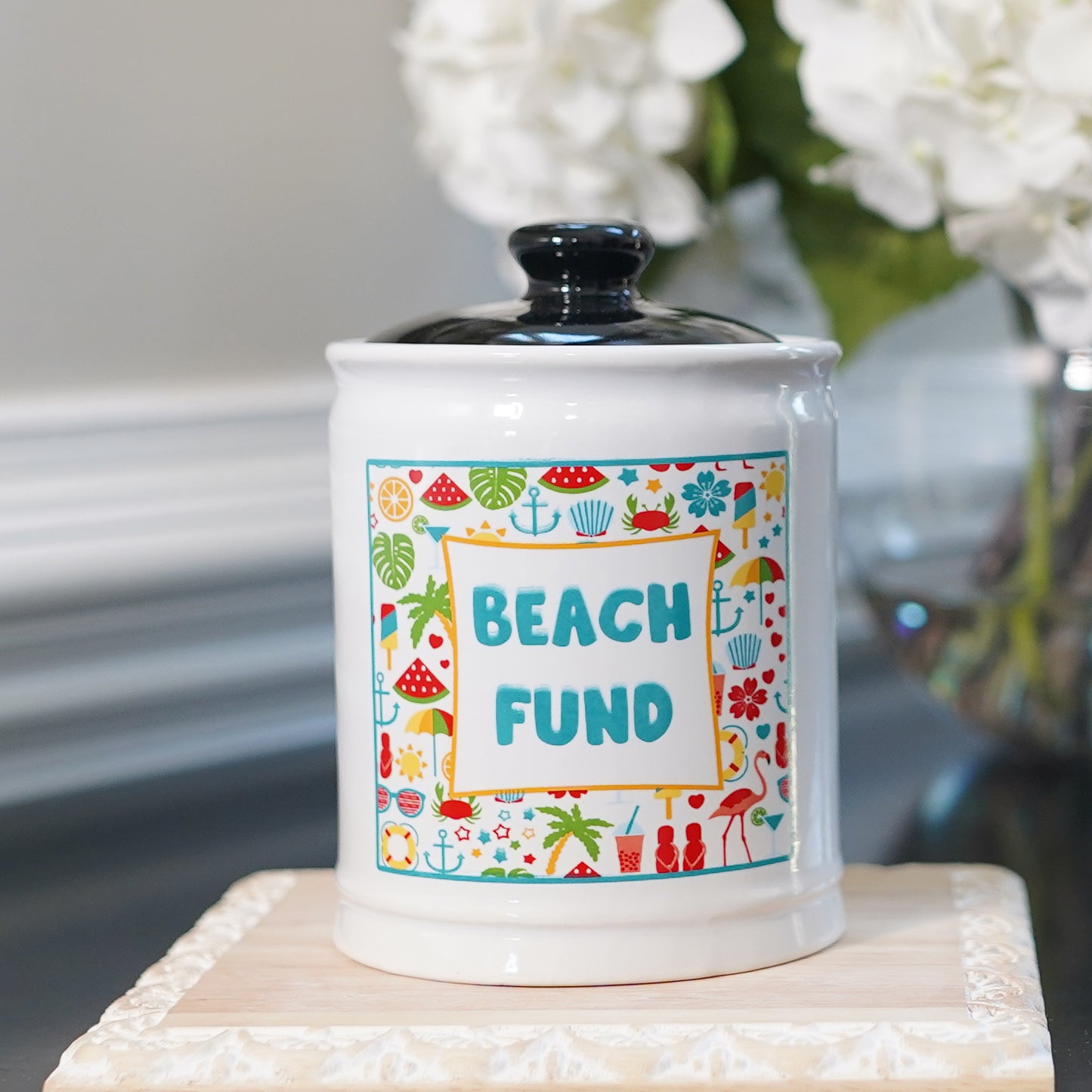 Cottage Creek Beach Fund Piggy Bank, Ceramic, 6", Multicolored Beach Vacation Bank
