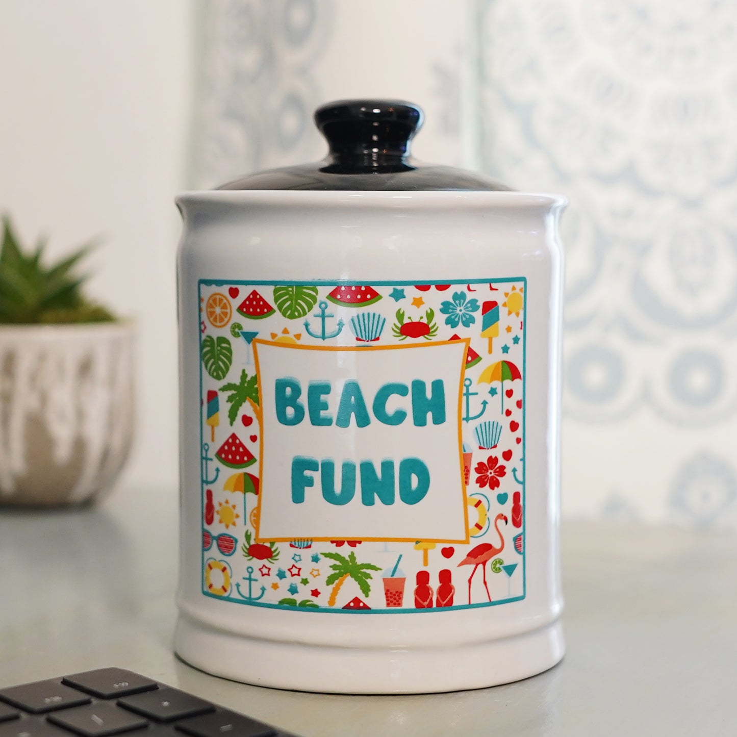 Cottage Creek Beach Fund Piggy Bank, Ceramic, 6", Multicolored Beach Vacation Bank