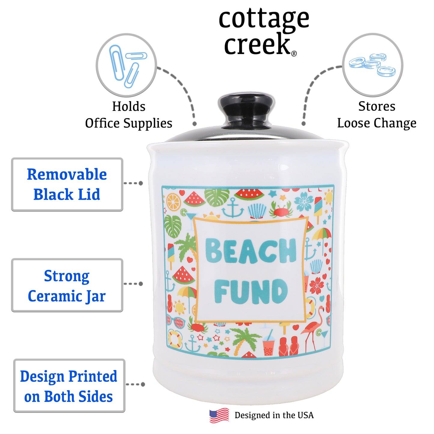 Cottage Creek Beach Fund Piggy Bank, Ceramic, 6", Multicolored Beach Vacation Bank