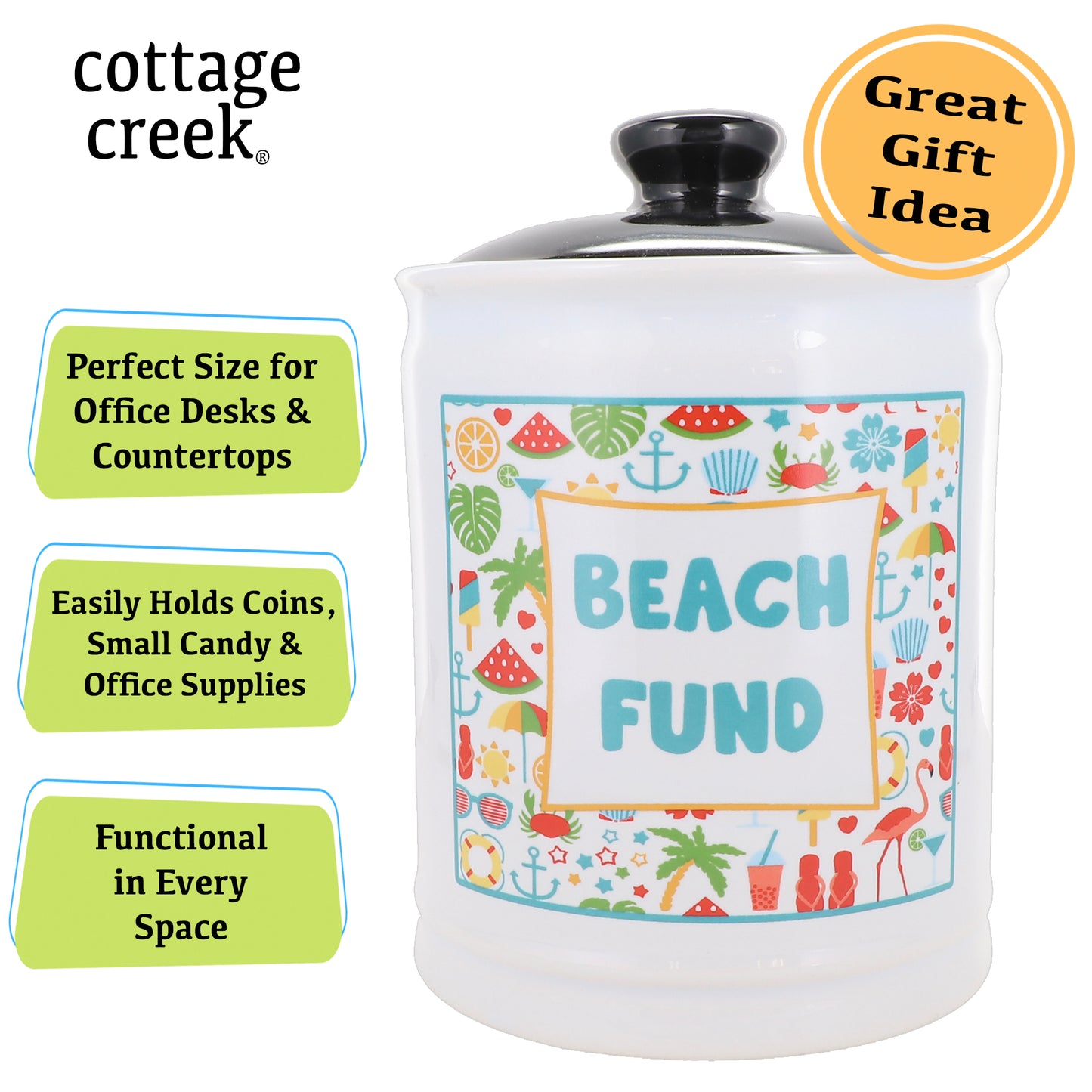 Cottage Creek Beach Fund Piggy Bank, Ceramic, 6", Multicolored Beach Vacation Bank