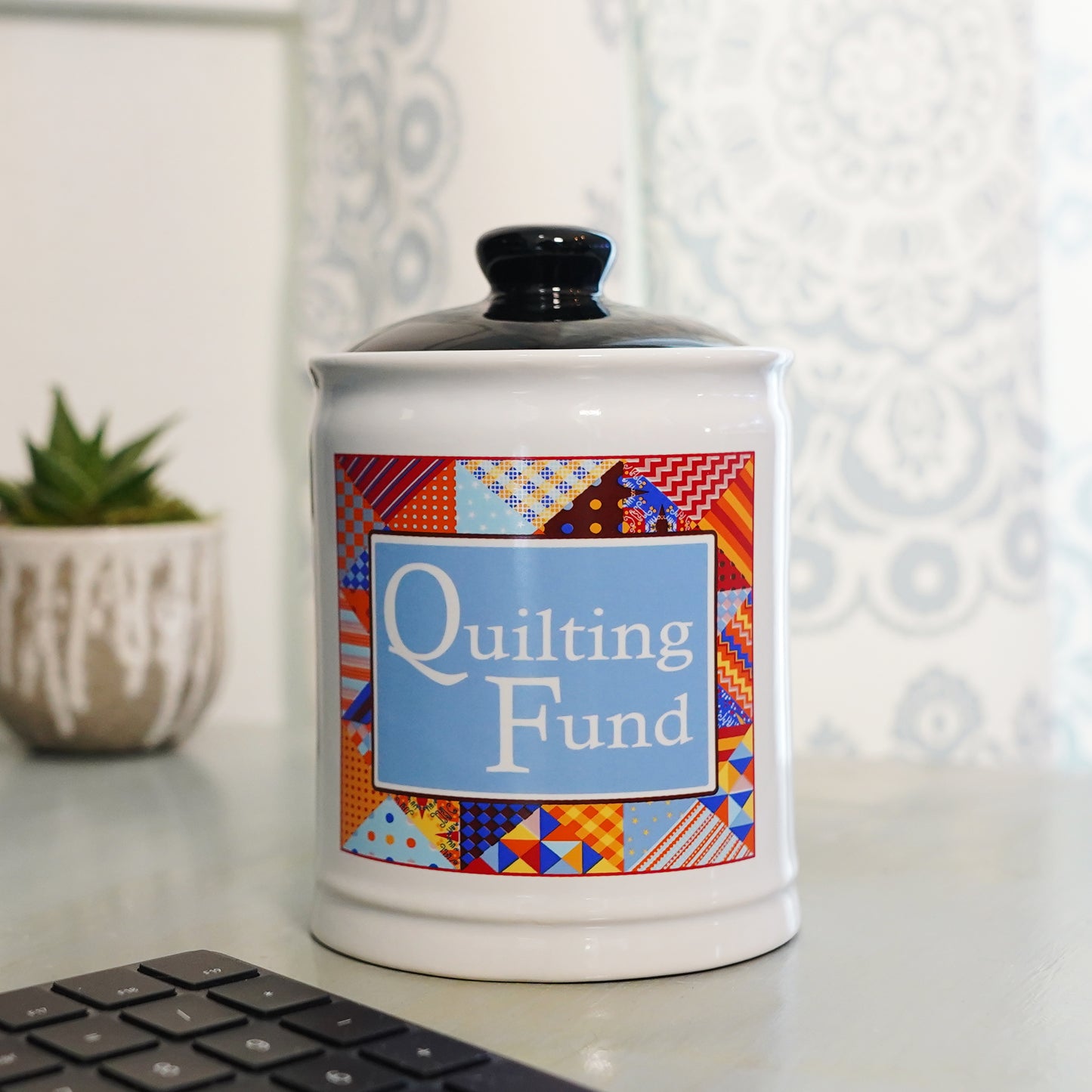 Cottage Creek Quilting Fund Piggy Bank, Ceramic, 6", Multicolored Quilting Supplies Money Jar