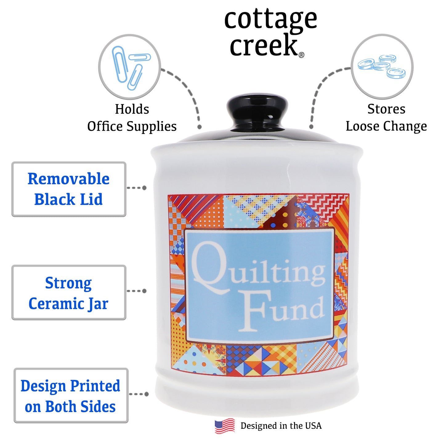 Cottage Creek Quilting Fund Piggy Bank, Ceramic, 6", Multicolored Quilting Supplies Money Jar