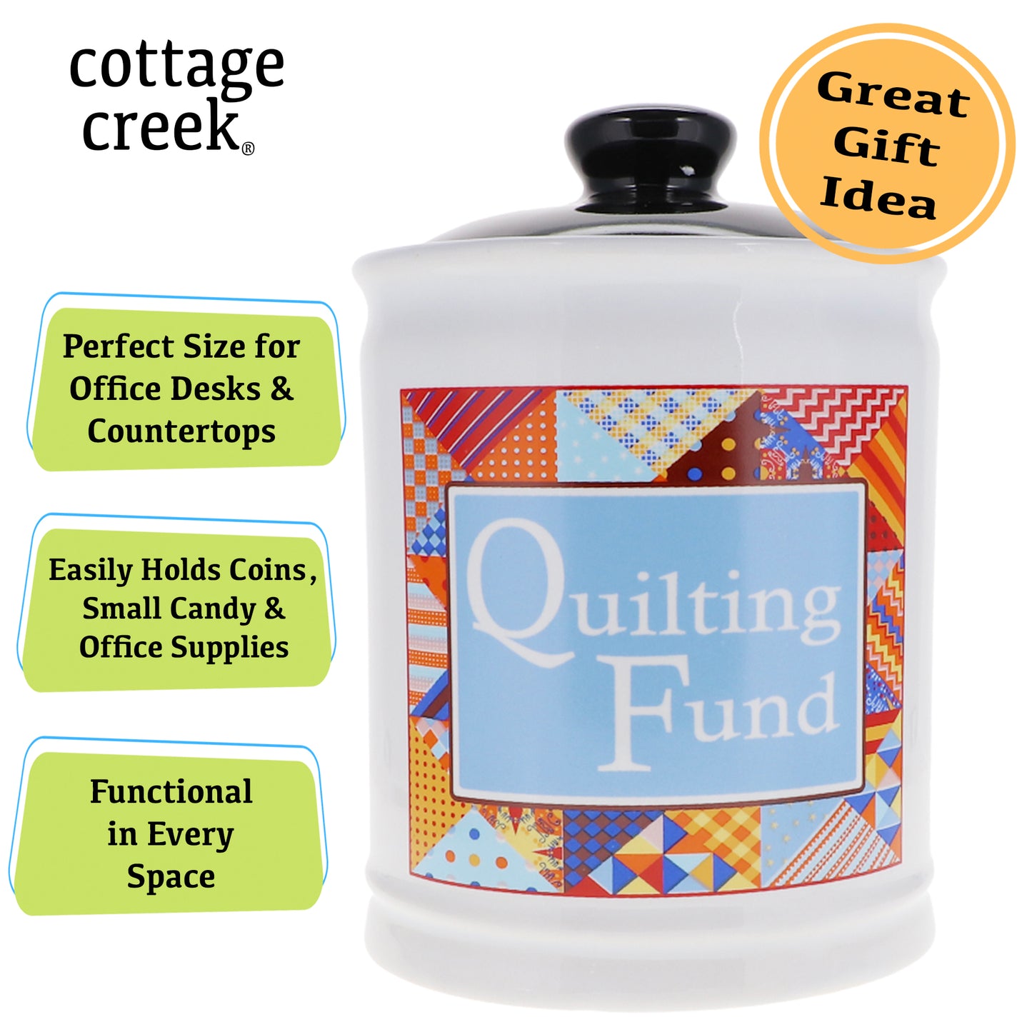 Cottage Creek Quilting Fund Piggy Bank, Ceramic, 6", Multicolored Quilting Supplies Money Jar
