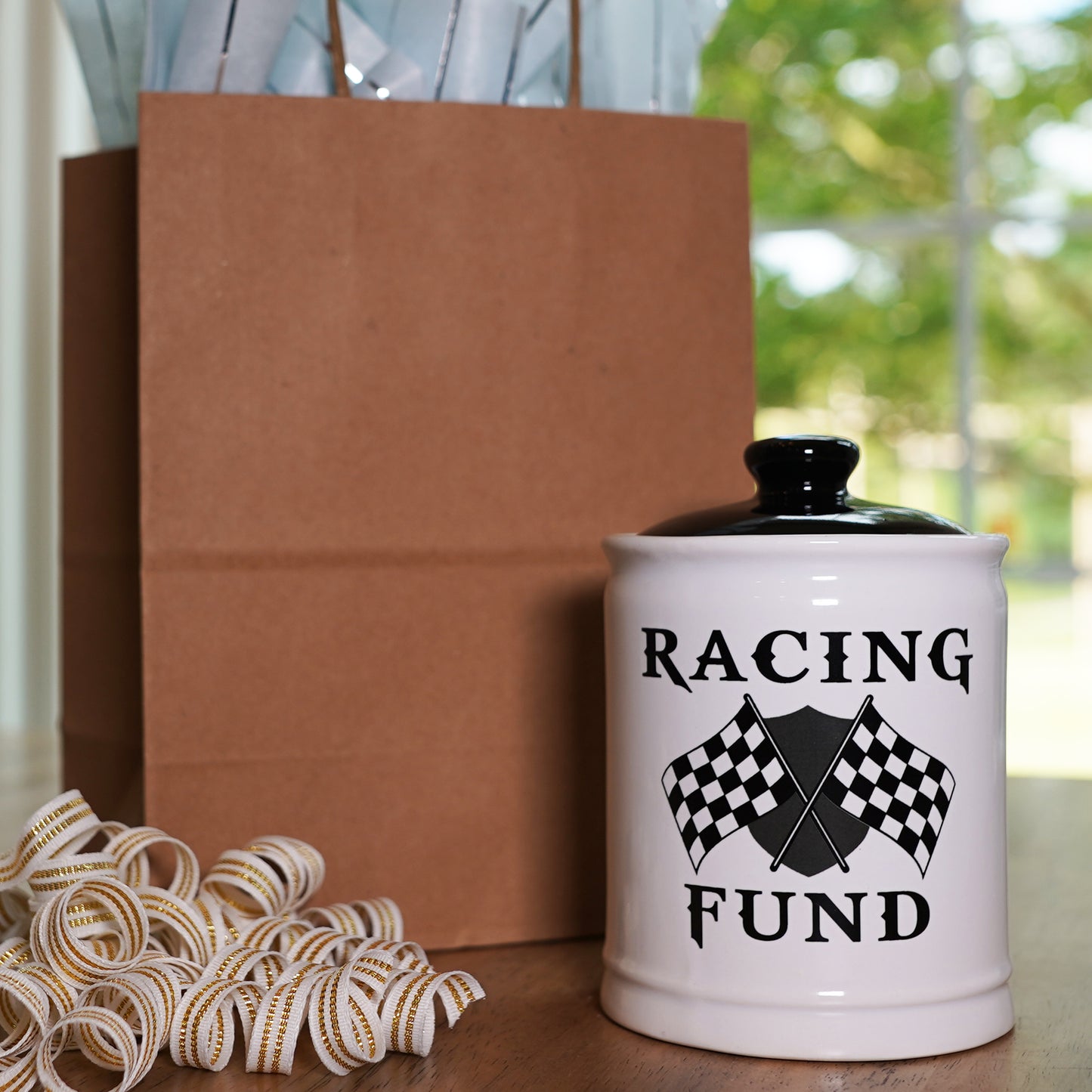 Cottage Creek Jars - Racing Fund Piggy Bank, 6" Black and White Money Bank Change Storage Containers with Lid, Race Car Gifts for Women and Men, Perfect for Motorcycle, Dirt Bike and Race Lovers