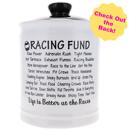Cottage Creek Jars - Racing Fund Piggy Bank, 6" Black and White Money Bank Change Storage Containers with Lid, Race Car Gifts for Women and Men, Perfect for Motorcycle, Dirt Bike and Race Lovers