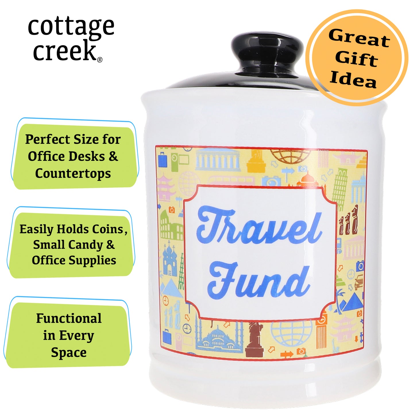 Cottage Creek Travel Fund Piggy Bank, Ceramic, 6", Multicolored Vacation Piggy Bank