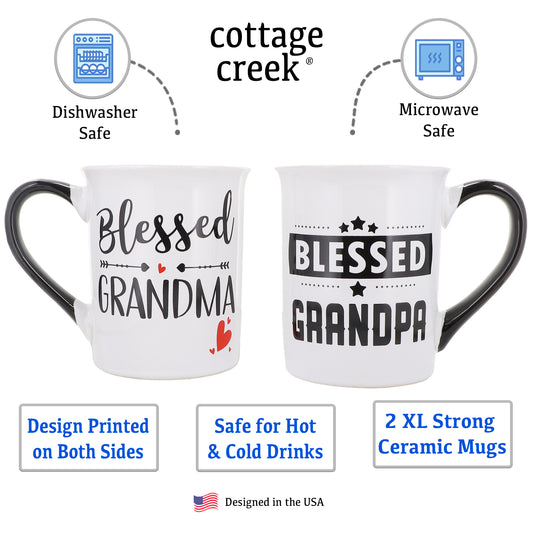 Cottage Creek Blessed Grandma Grandpa Mug Set, Two Multicolored, Ceramic, 6" Grandparent Mugs