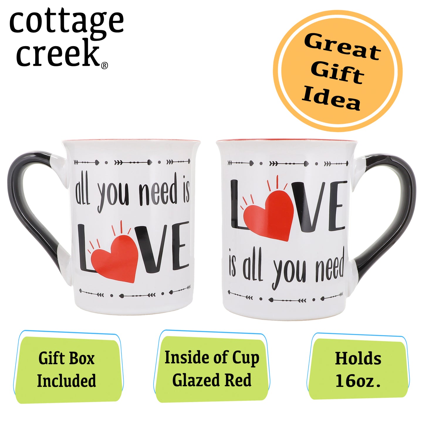 Cottage Creek All You Need is Love, Love is All You Need Coffee Mugs, Set of Two Ceramic, Multicolored, 6" Couples Mugs