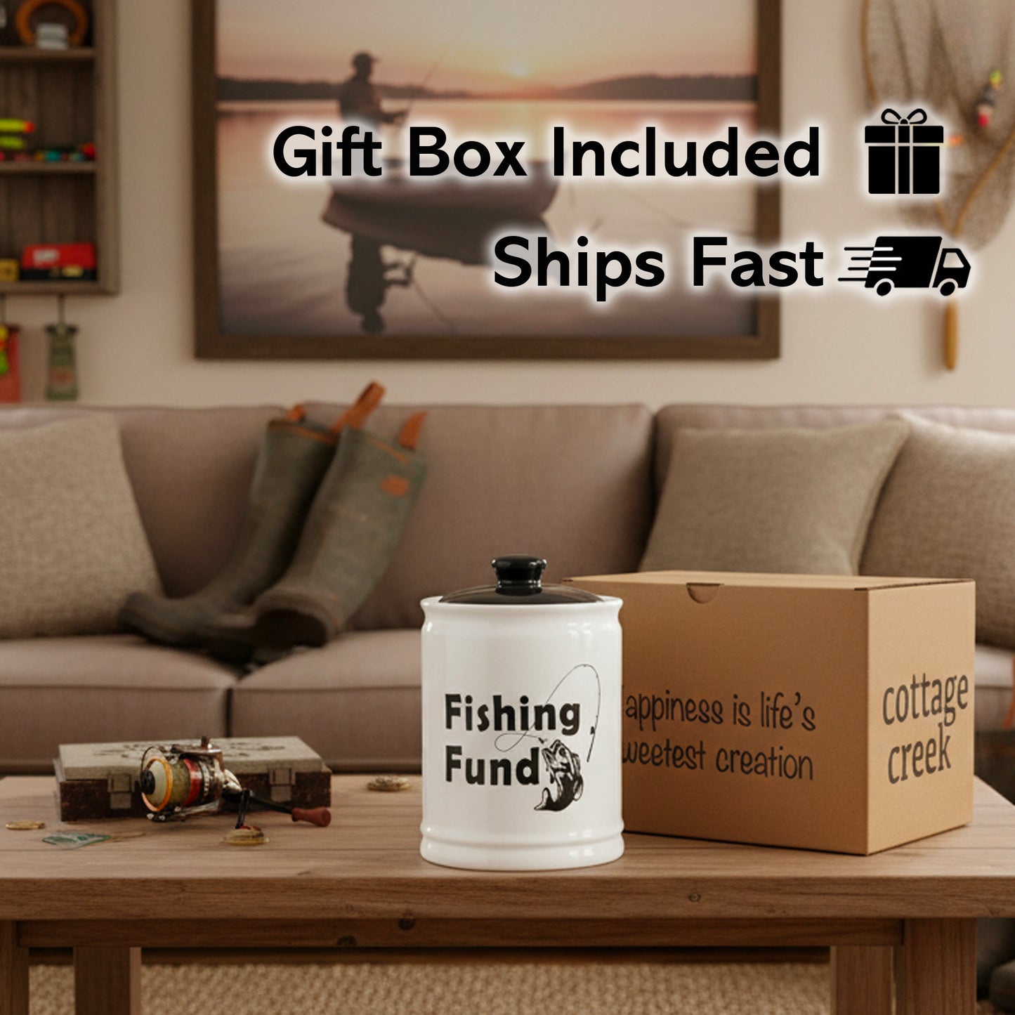 Cottage Creek Ceramic Fish Piggy Bank for Adults and Kids - Decorative Money Jar, Fishing Fund & Coin Bank, Gifts for Men, Dad, Grandpa, Boyfriend, Boys, and Fisherman | Unique Home Decor