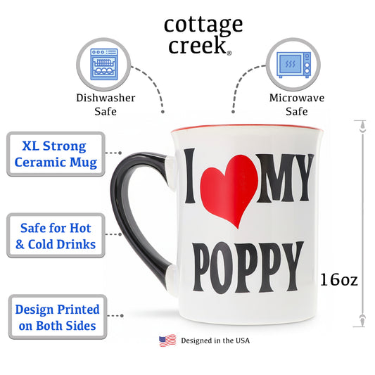 Cottage Creek Ceramic Coffee Cups | 16oz. Large Poppy Mug | Ideal Gift for Grandpa, Papa, and Dad for Father's Day, Birthday, or Christmas | Poppy Coffee Mug for Home Decor, Kitchen Decor