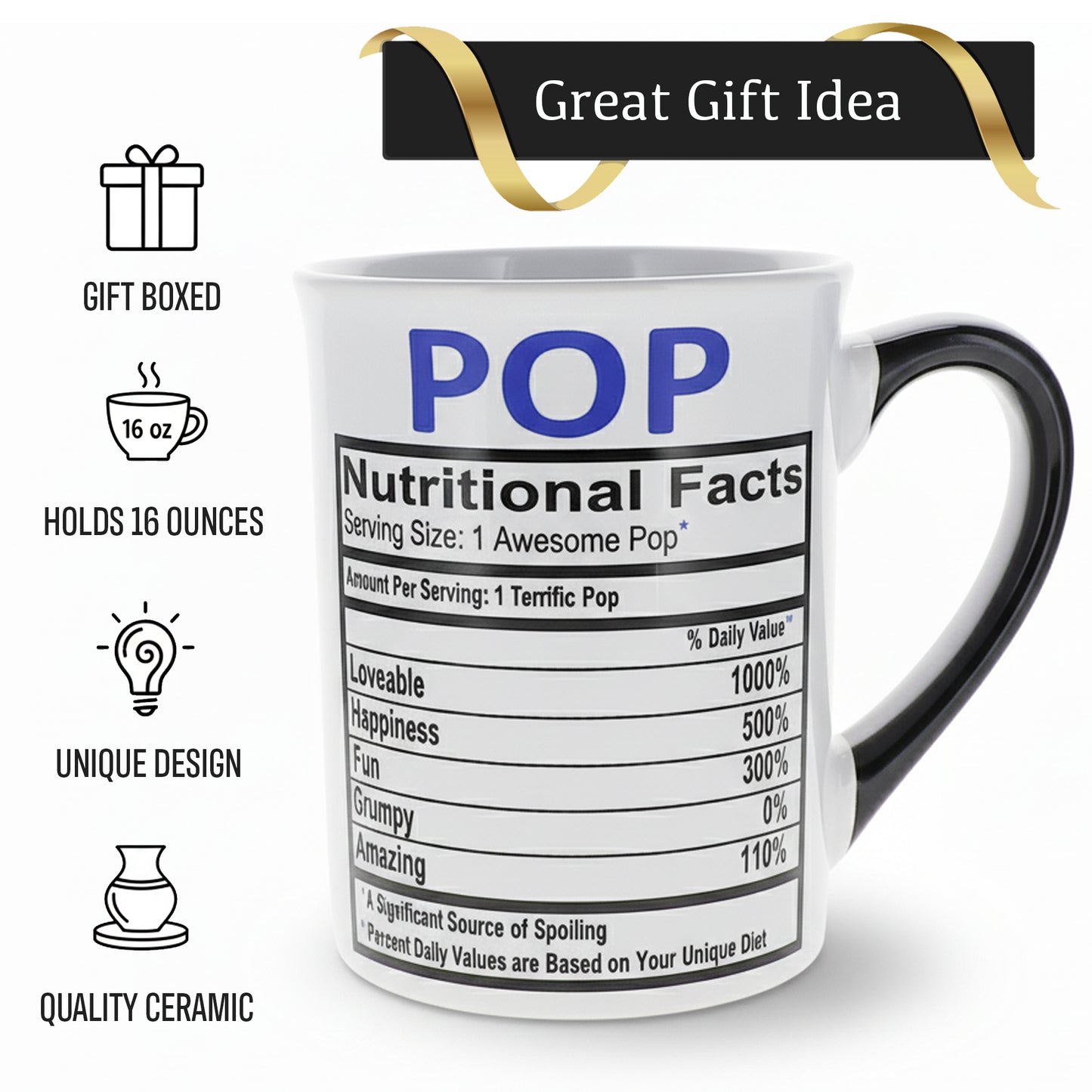 Cottage Creek Coffee Cup | 16oz Nutritional Facts Pops Ceramic Coffee Mug | Extra Large Mens Mug for Home Decor, Kitchen & Desk | Fathers Day & Christmas Gifts for Men, Grandpa, Dad, Papaw, Papa