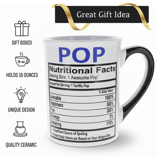 Cottage Creek Coffee Cup | 16oz Nutritional Facts Pops Ceramic Coffee Mug | Extra Large Mens Mug for Home Decor, Kitchen & Desk | Fathers Day & Christmas Gifts for Men, Grandpa, Dad, Papaw, Papa