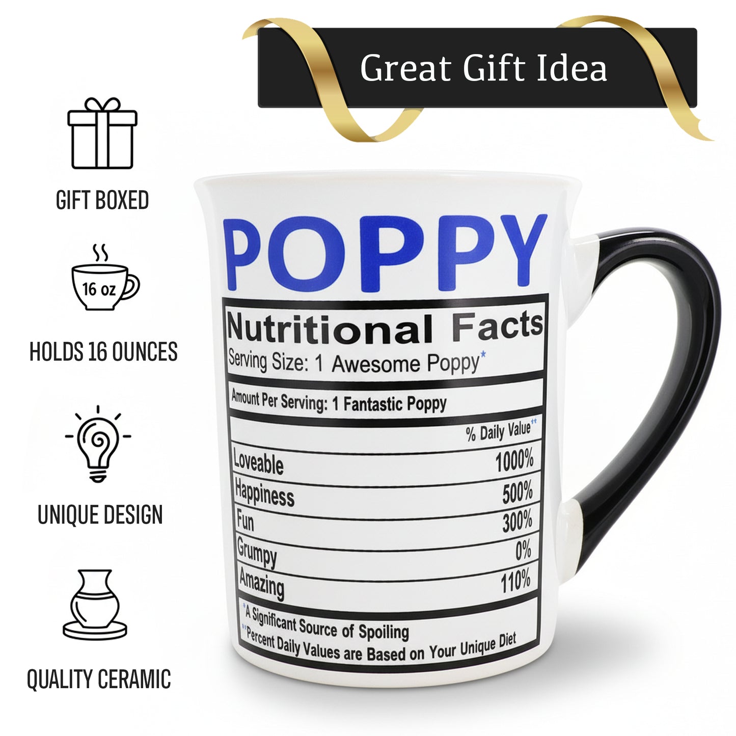 Cottage Creek Ceramic Coffee Cups | 16oz. Large Poppy Mug | Ideal Gift for Grandpa, Papa, and Dad for Father's Day, Birthday, or Christmas | Poppy Coffee Mug for Home Decor, Kitchen Decor