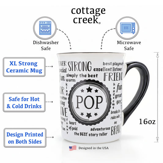 Cottage Creek Coffee Cup | 16oz Pop Ceramic Coffee Mug | Extra Large Mens Mug for Home Decor, Kitchen & Desk | Fathers Day & Christmas Gifts for Men, Grandpa, Dad, Papaw, Papa