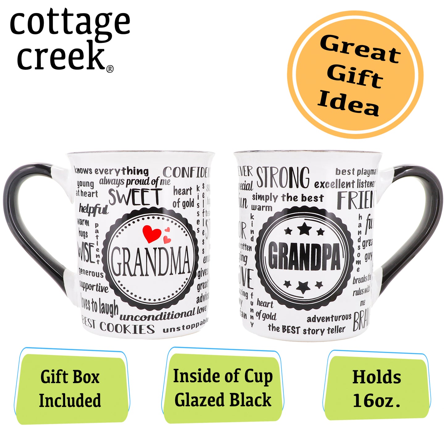 Cottage Creek Coffee Mug Set, Grandma and Grandpa Coffee Mug Set, Large Ceramic 16oz Set of Two Mugs with Black Handle, Grandma Mug, Grandpa Mug