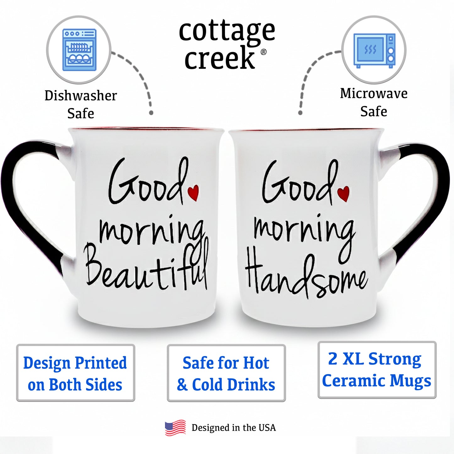 Cottage Creek Good Morning Beautiful and Good Morning Handsome Coffee Mugs, Set of Two Ceramic, Multicolored, 6" Couples Mugs