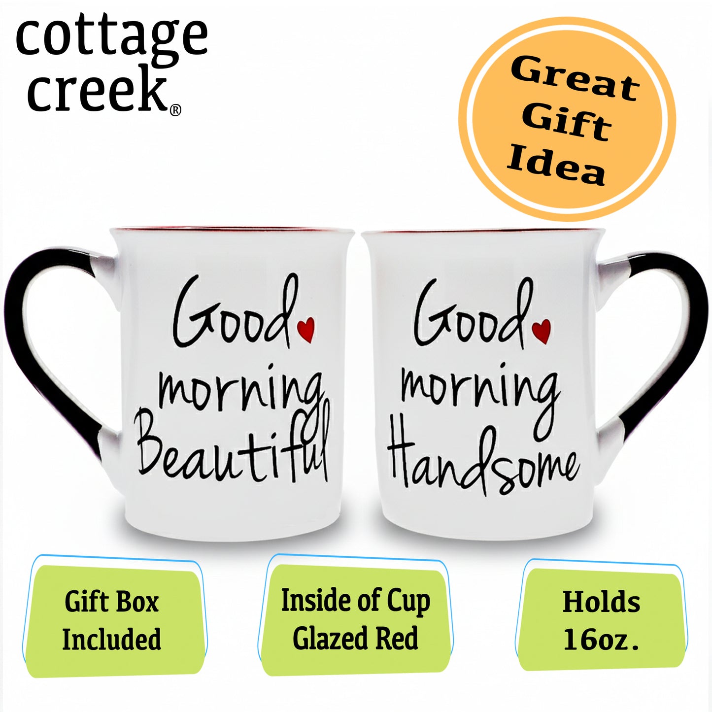 Cottage Creek Good Morning Beautiful and Good Morning Handsome Coffee Mugs, Set of Two Ceramic, Multicolored, 6" Couples Mugs