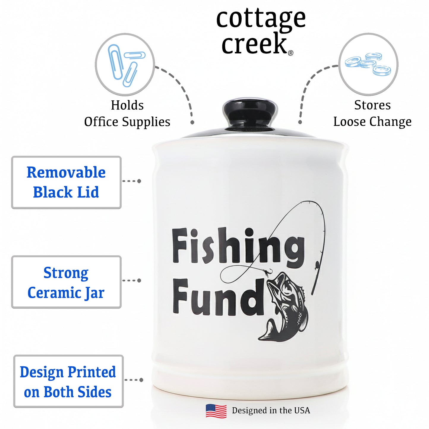 Cottage Creek Ceramic Fish Piggy Bank for Adults and Kids - Decorative Money Jar, Fishing Fund & Coin Bank, Gifts for Men, Dad, Grandpa, Boyfriend, Boys, and Fisherman | Unique Home Decor