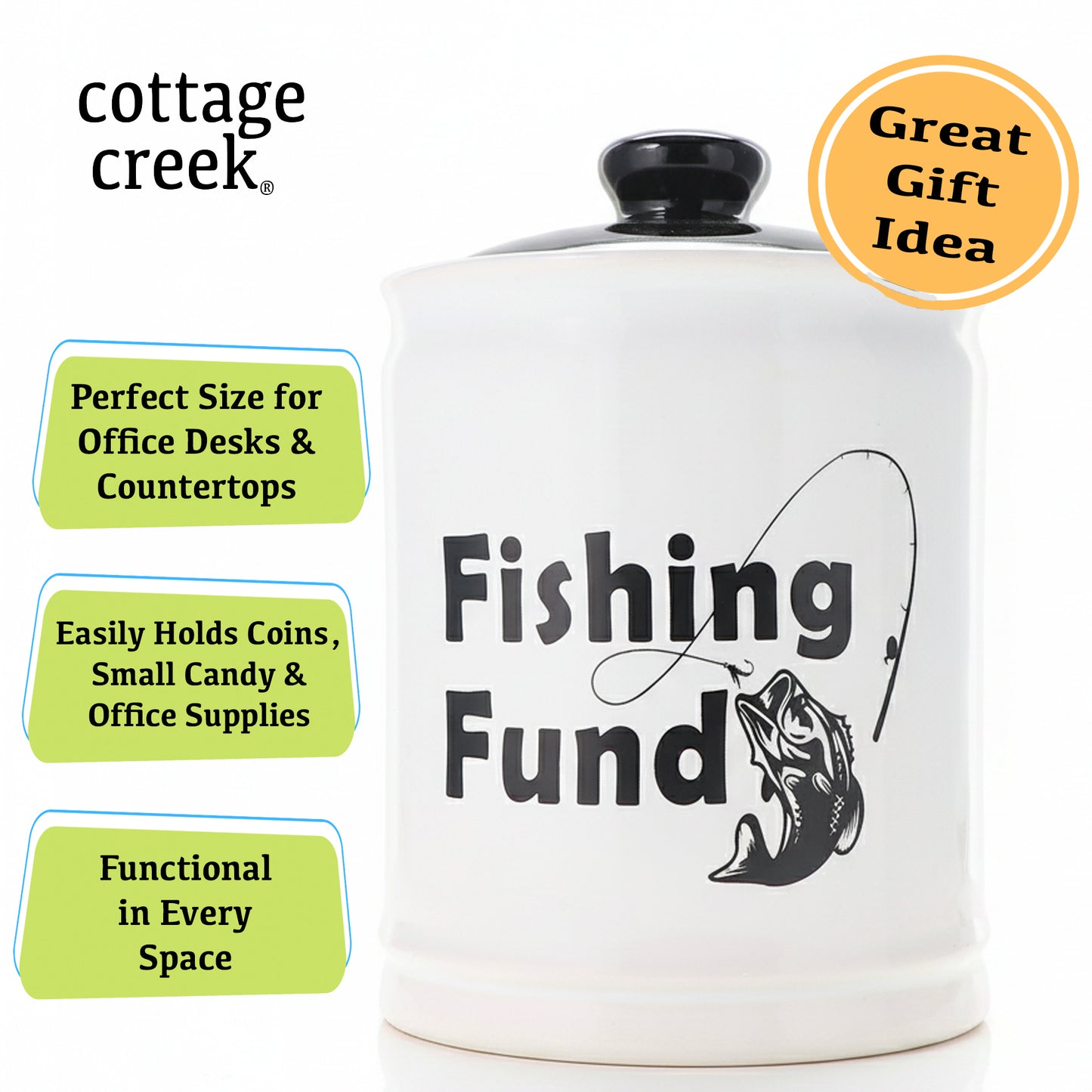 Cottage Creek Ceramic Fish Piggy Bank for Adults and Kids - Decorative Money Jar, Fishing Fund & Coin Bank, Gifts for Men, Dad, Grandpa, Boyfriend, Boys, and Fisherman | Unique Home Decor