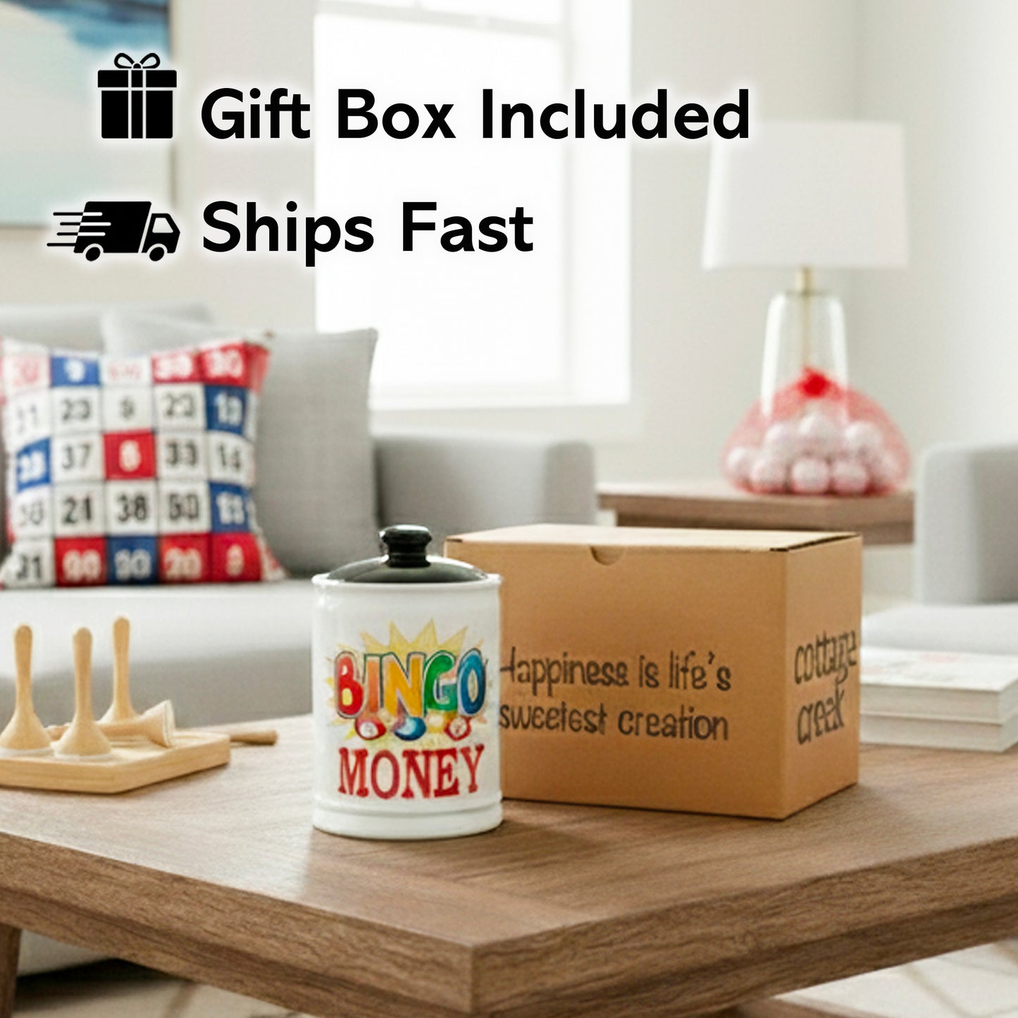 Cottage Creek Bingo Money Jar for Adults – 6" Ceramic Piggy Bank & Funny Coin Jar for Bingo Lovers, White Elephant Gifts, and Home Décor – Durable, Fun & Perfectly Gift-Boxed for Men & Women